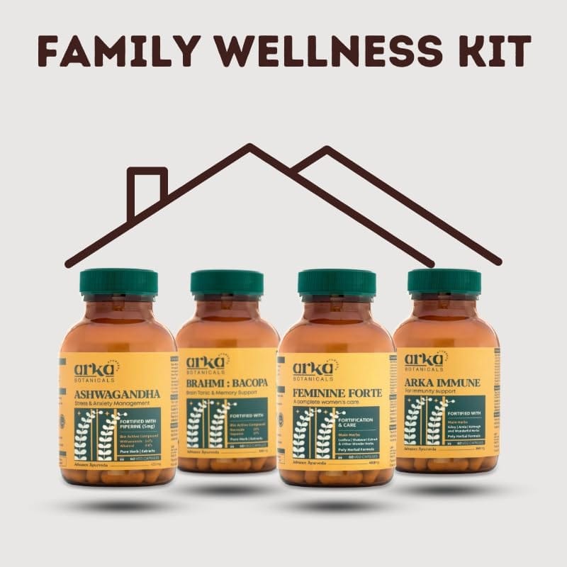 Arka Botanicals Family Wellness Kit | Ashwagandha for Stress Support, Immune Booster, Brahmi for Mental Clarity & Feminine Forte for Hormonal Balance | Comprehensive Health Supplement Combo Pack view 2