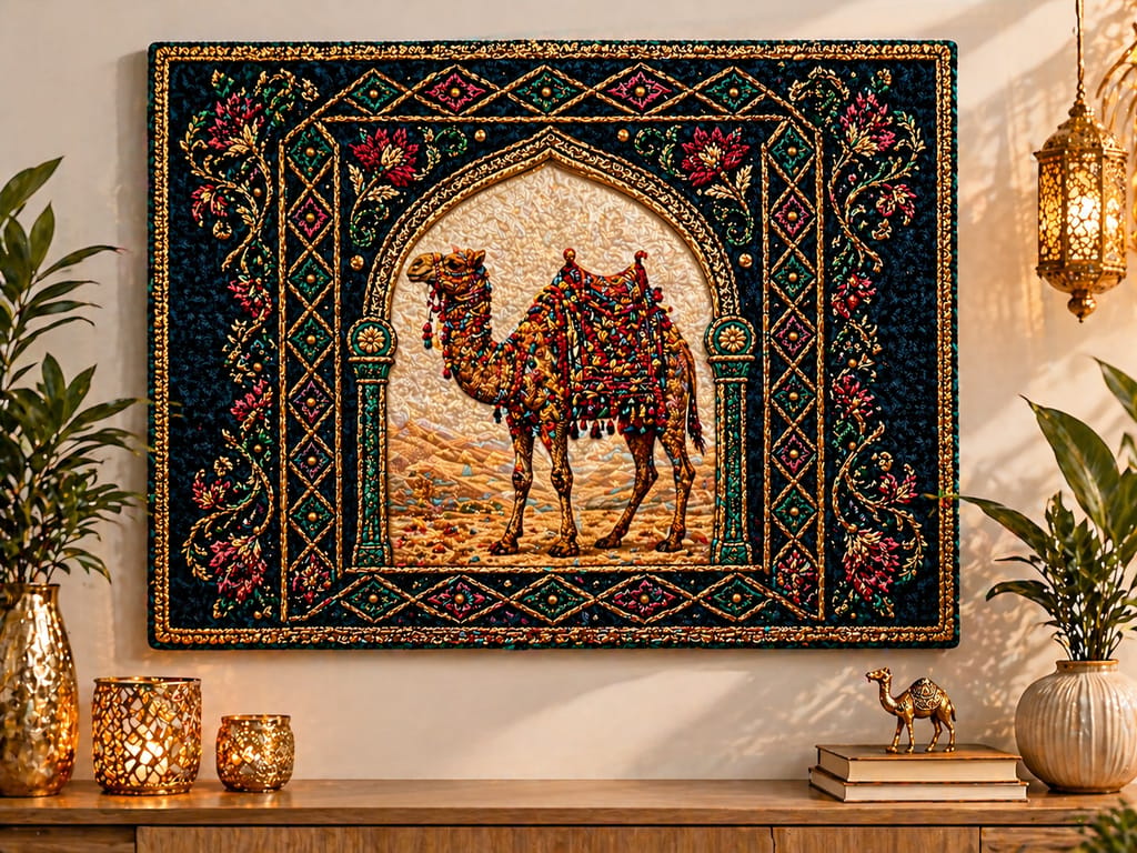 Intricate Beadwork Camel Tapestry Wall Art with Ornate Border view 2