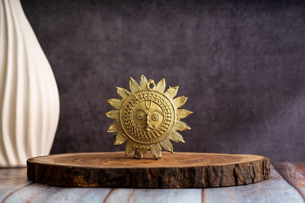 SOWPEACE Handcrafted dhokra art Sunplate“Wall of Golden Sanguine” brass showpiece, premium artisan made Wall home decor for living r view 2