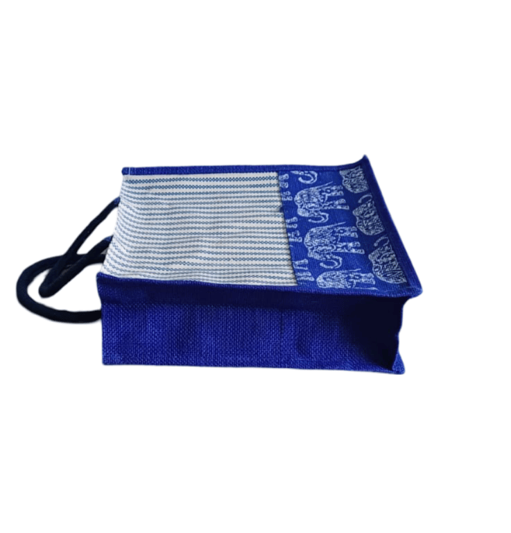 Blue and White Striped Jute Tote Bag with Elephant Print view 2