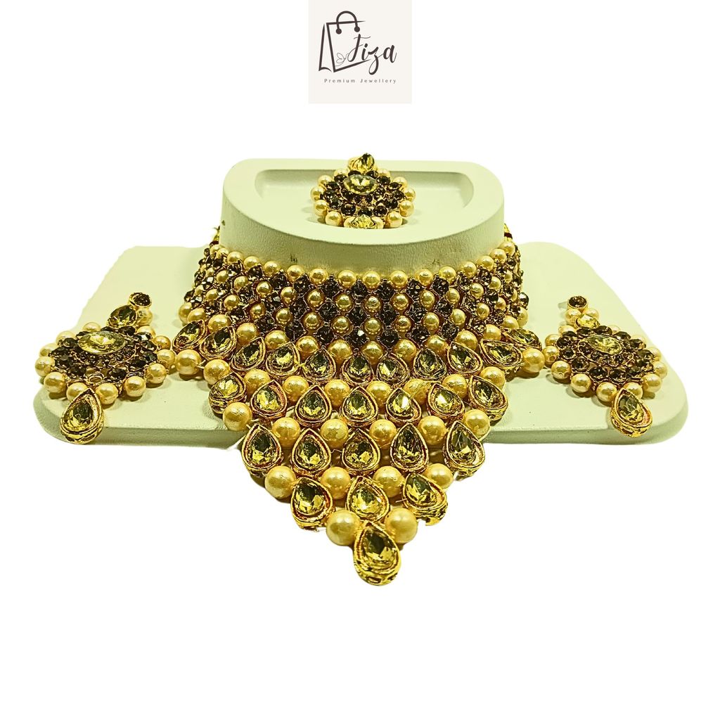 Fiza Luxury Handcrafted Gold Plated Necklace Jewellery Set with Earrings And Mangtika, AD, Pearl view 2