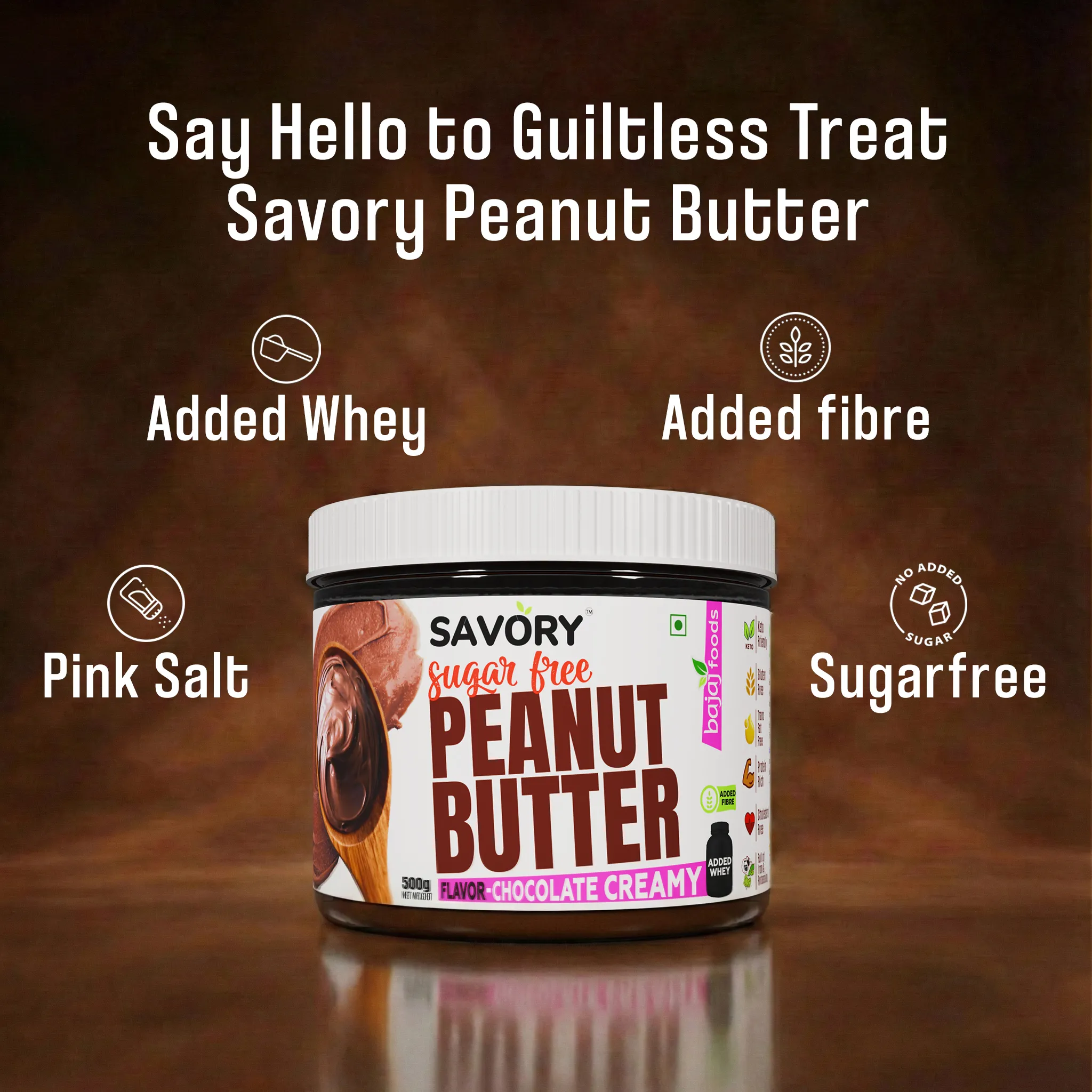 SAVORY Chocolate Creamy Peanut Butter (Sugar-Free) with Added Whey | High in Protein | No Added Sugar, Energy Booster, Gluten-Free & Keto Friendly | Cholesterol & Trans-fat Free | Chocolate Spread (900g) view 2