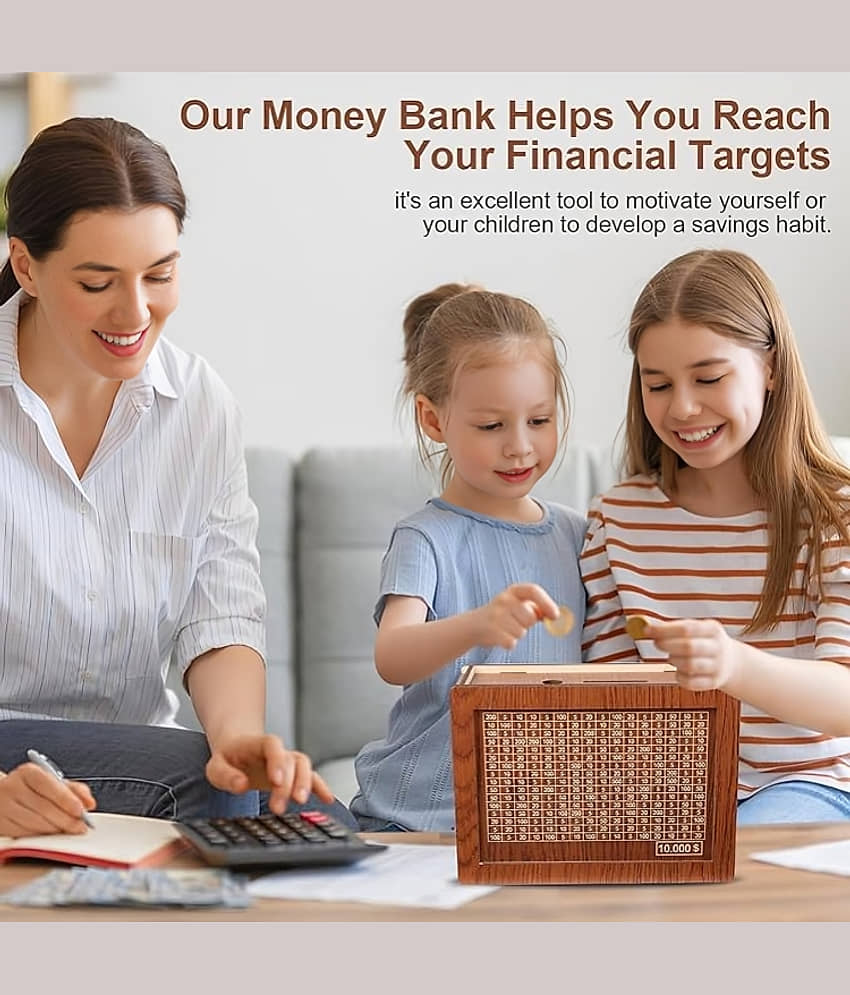 Wooden Money/Piggy Bank, Money Box, Coin Box with Carved Design for Kids/Children, Savings Challenge Box view 2