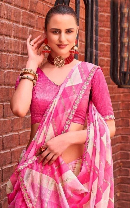 Pink Color Sparkle Chiffon Saree With Embroidery Border And Fancy Resham Embroidery Blouse Piece view 2