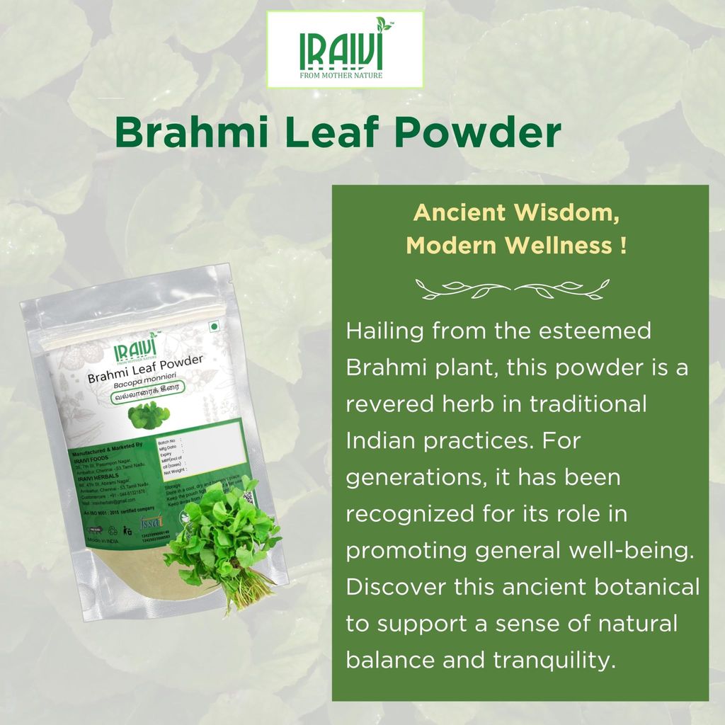 IRAIVI Premium Brahmi Leaf Powder-200g | Vallarai | Ondelaga | 100% Pure & Natural Brahmi Supplement for Mental Clarity & Calm | Supports Cognitive Wellness & Tranquility view 2