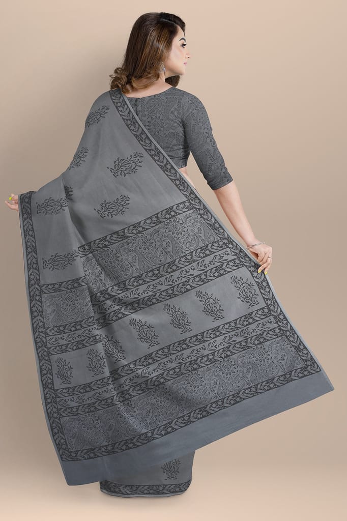 Grey Floral Pattern Hand Block Print Malmal Cotton Saree SKU-AS10070 view 2