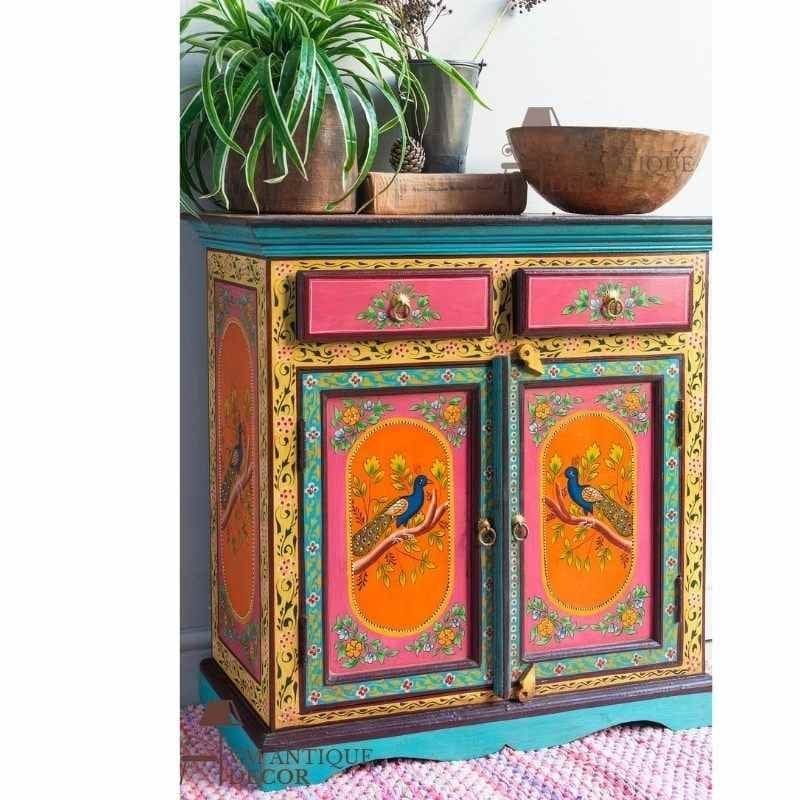 Indian Peacock Painted Wooden Cupboard | Sideboard , Cabinet view 2