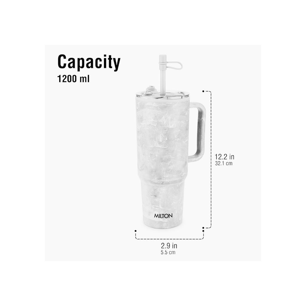 MILTON Puris 1200 Plastic Water Tumbler | 2-in1 Lid Sip or Gulp | Crystal Clear BPA Free-Food Grade | Sturdy Handle | Large Travel Mug for Gym, Office & Outdoor Use, 1200 ml, White view 2