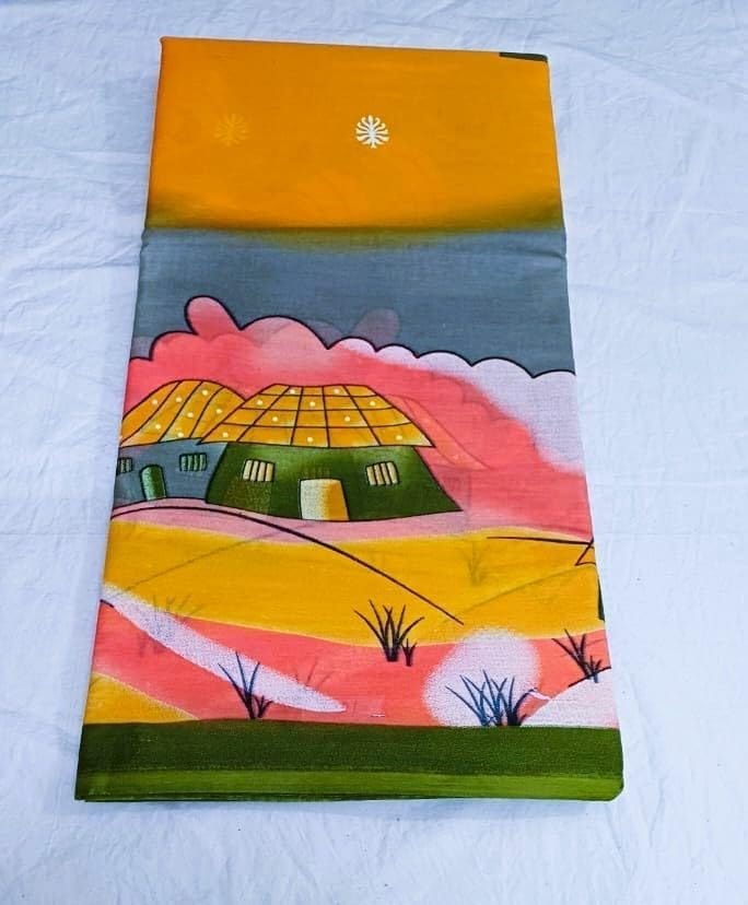 Beautiful Handloom Pure Cotton Saree With Blouse Piece, Village Life Print Saree view 2