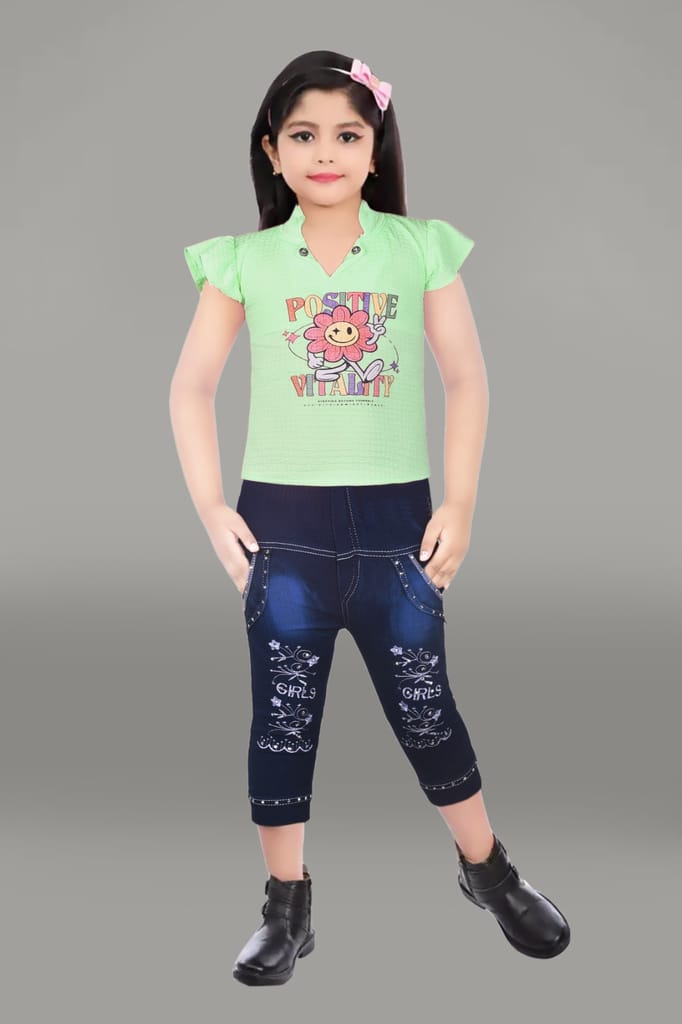 Green Cotton Printed T-shirt with Blue Denim Jeggings for Girls view 2