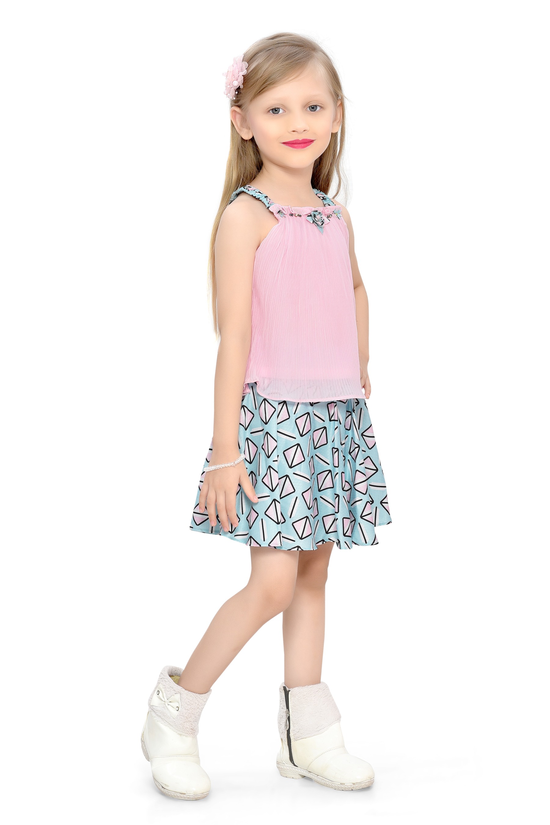 Be:Kids Enchanted Summer Pleated Pink Tank Top and Blue Printed Skater Skirt Set view 2