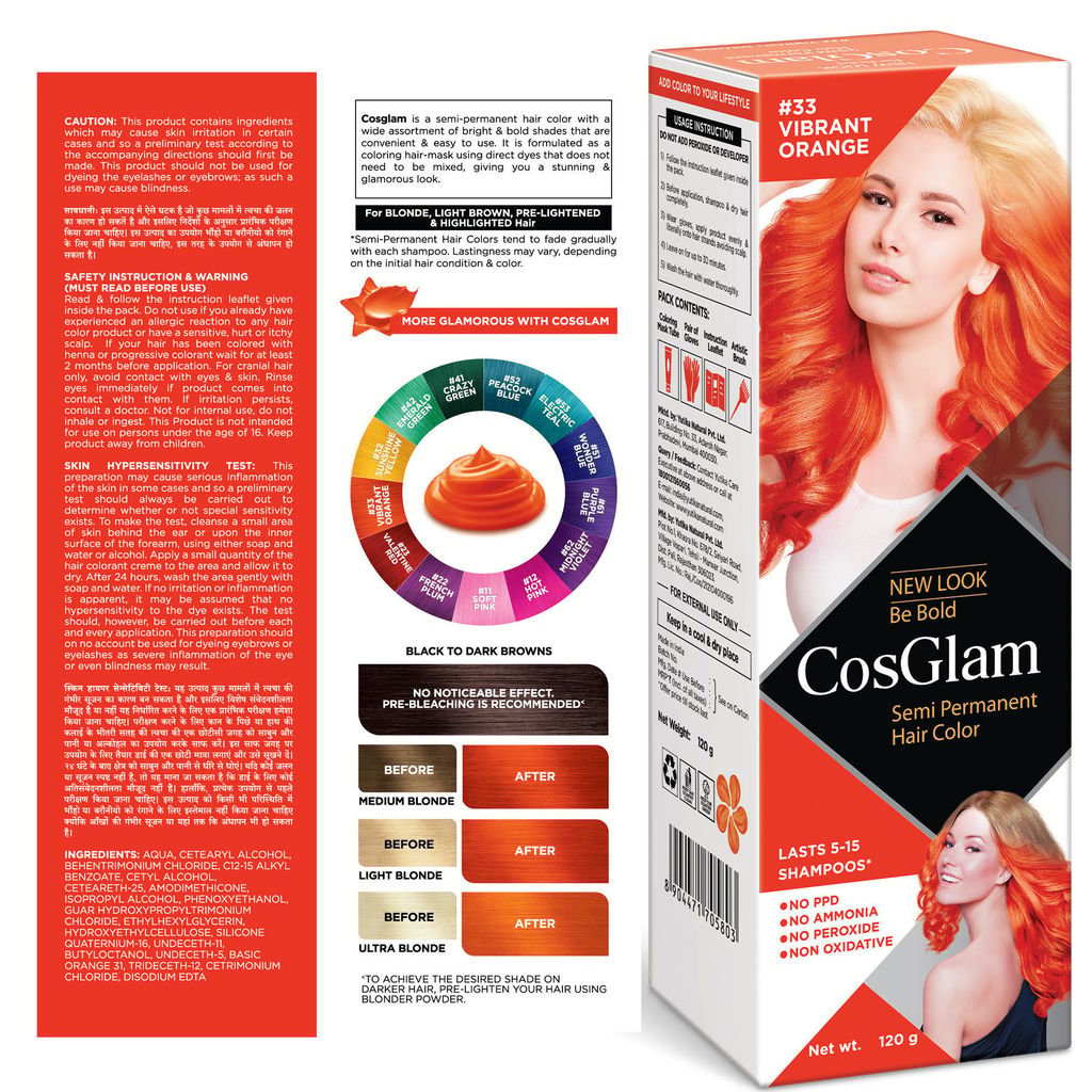 COSGLAM Semi Permanent Hair Color, No Peroxide, Non Oxidative, Ammonia Free Hair Colour 33 Vibrant Orange - 120gm view 2