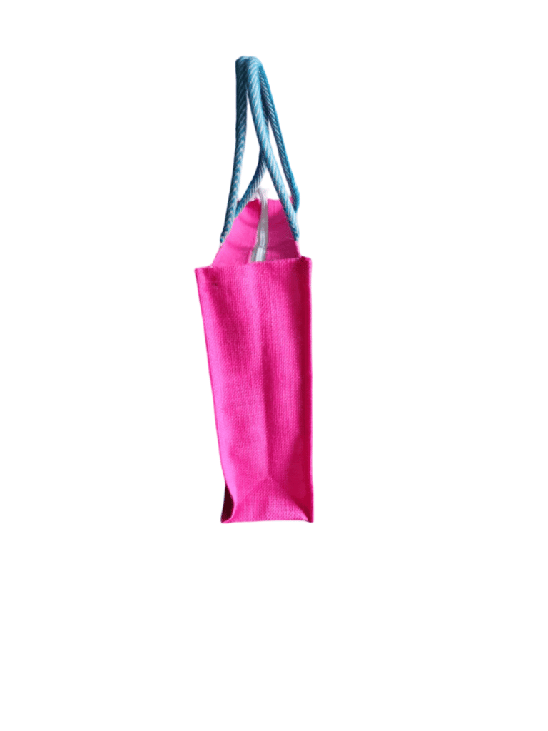 Colorful starfish printed small jute tote bag with pink trim view 2