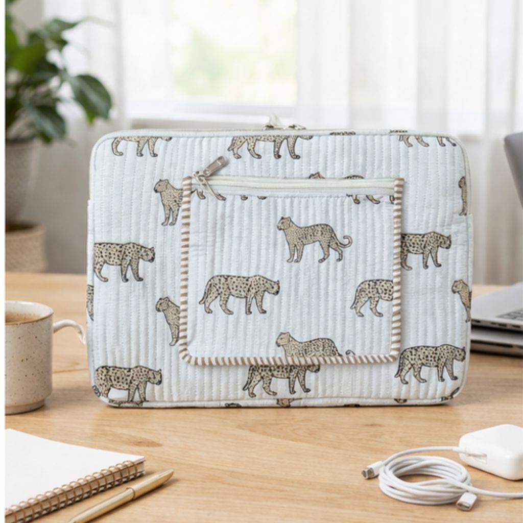 Wild Roar Block Print Quilted Cotton Laptop Sleeve With Front Pocket White 10"X15"