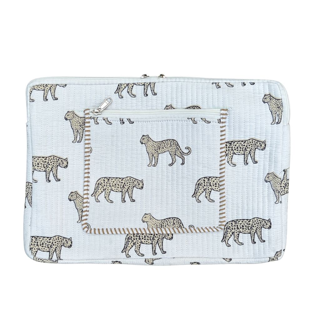 Wild Roar Block Print Quilted Cotton Laptop Sleeve With Front Pocket White 10"X15" view 2