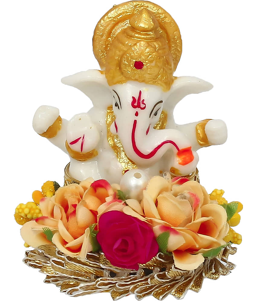eCraftIndia White & Gold-Toned Handcrafted Lord Ganesha Idol On Decorative Plate Showpiece view 2