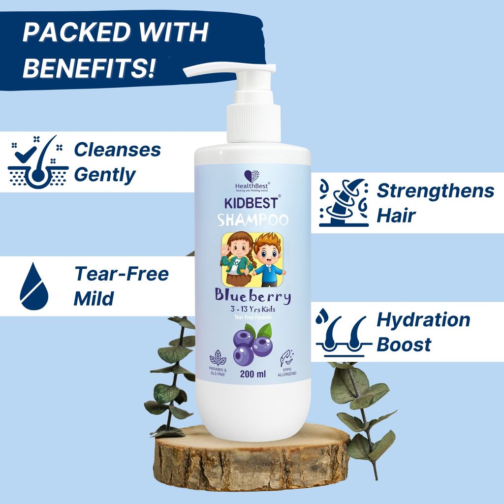 HealthBest Kids Gentle Cleansing Shampoo 200 ml for 3-13 Years with Real Blueberry Extract Tear-Free Hypoallergenic pH 5.5 Sulphate and Paraben Free Vegan Safe for Sensitive Scalps view 2
