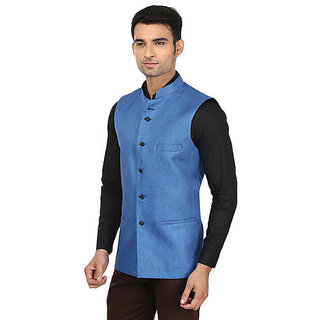 QDesigns Blue Plain Slim Nehru Jacket for Men view 2