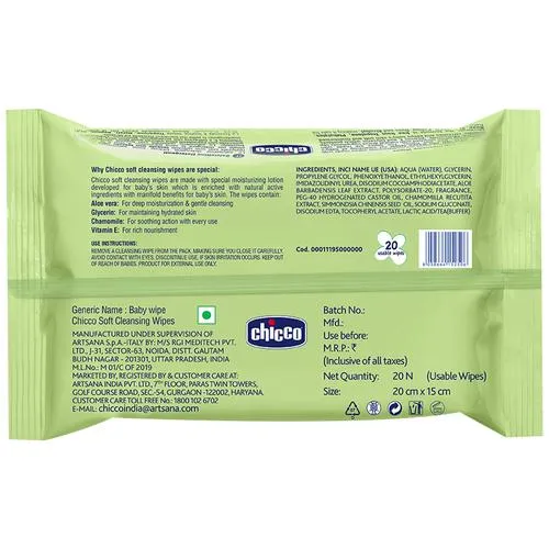 Chicco Soft Cleansing Wipes With Aloe Vera Moisturising & Nourishing 20 Pcs view 2