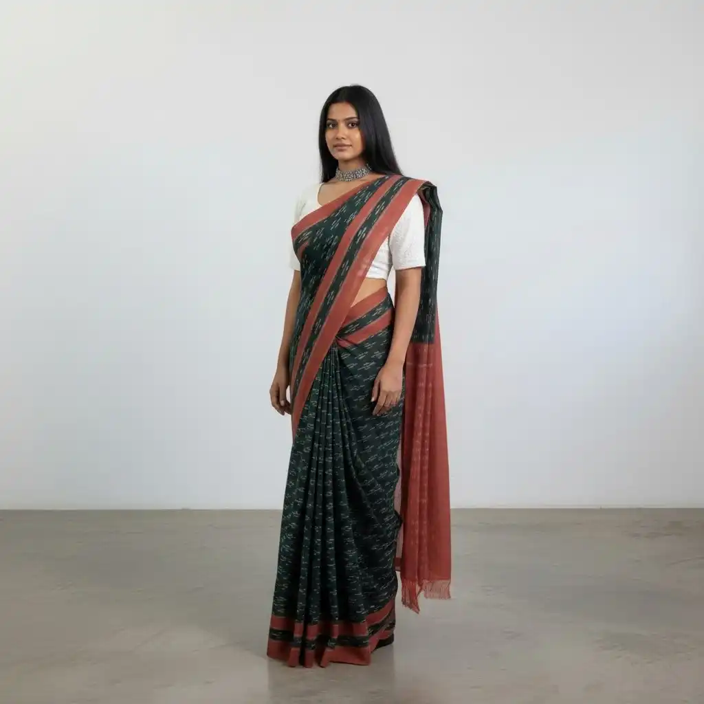 Teal Green Pochampally Ikat Cotton Saree with Temple Border view 2