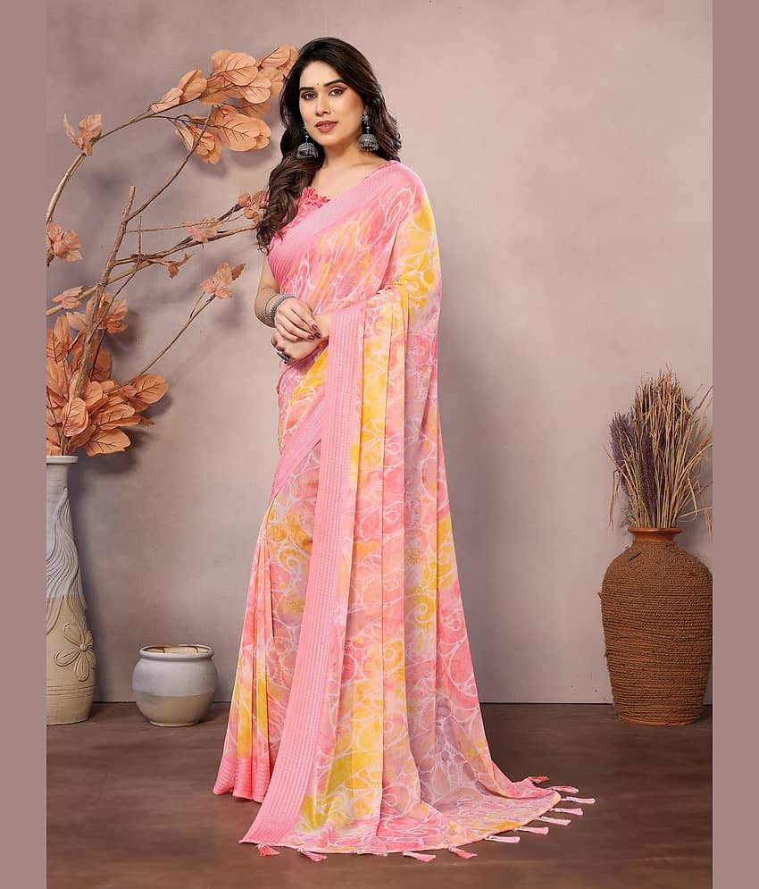 VEDANT VASTRAM Georgette Printed Saree With Unstitched Blouse Piece ( Pink ) view 2