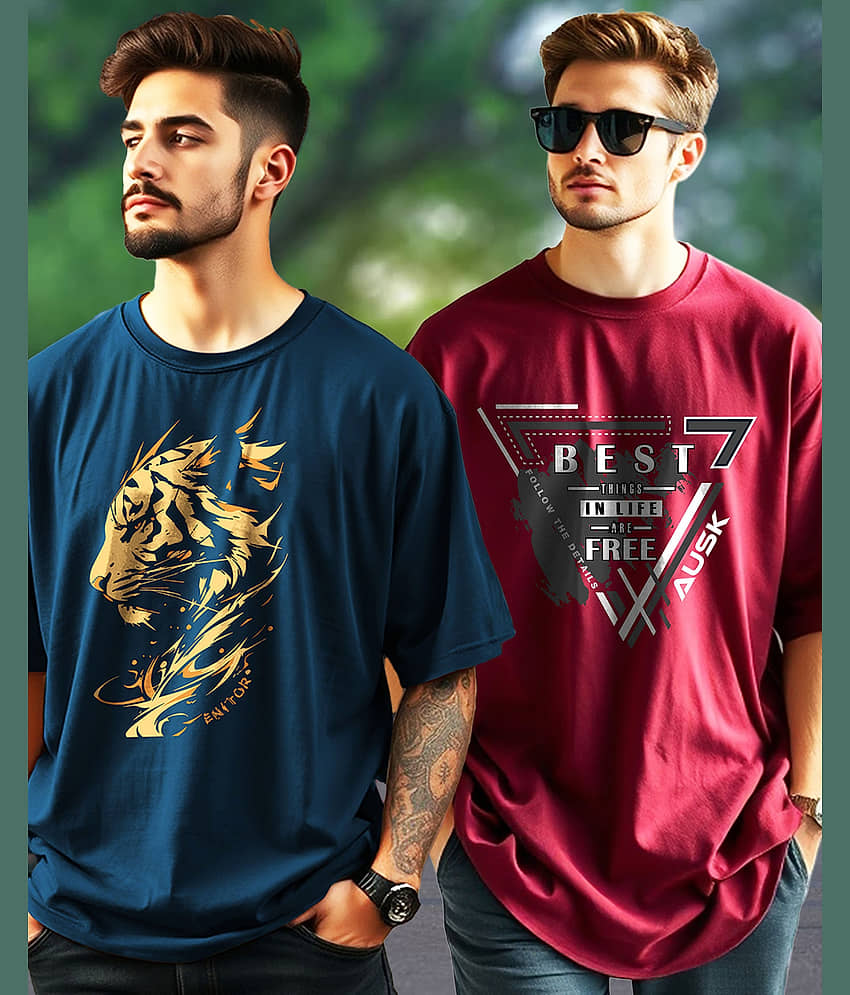 ENITOR Men Cotton Blend Oversized Fit Printed T-Shirt ( Teal Blue )