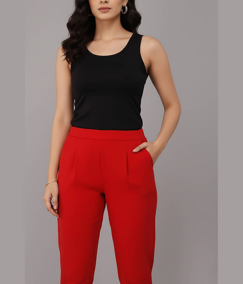 QuaClo Women Cotton Blend Formal Trousers ( Red ) view 2