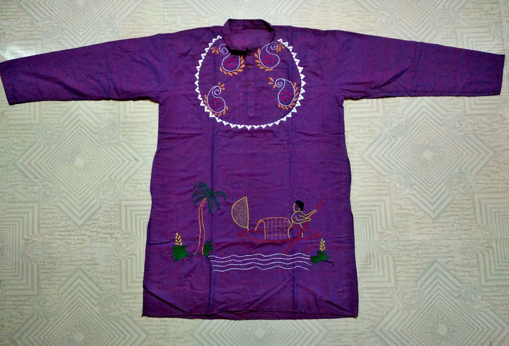 Classic Folk Designed Kantha Stitched Pure Cotton Kurta for Men view 2