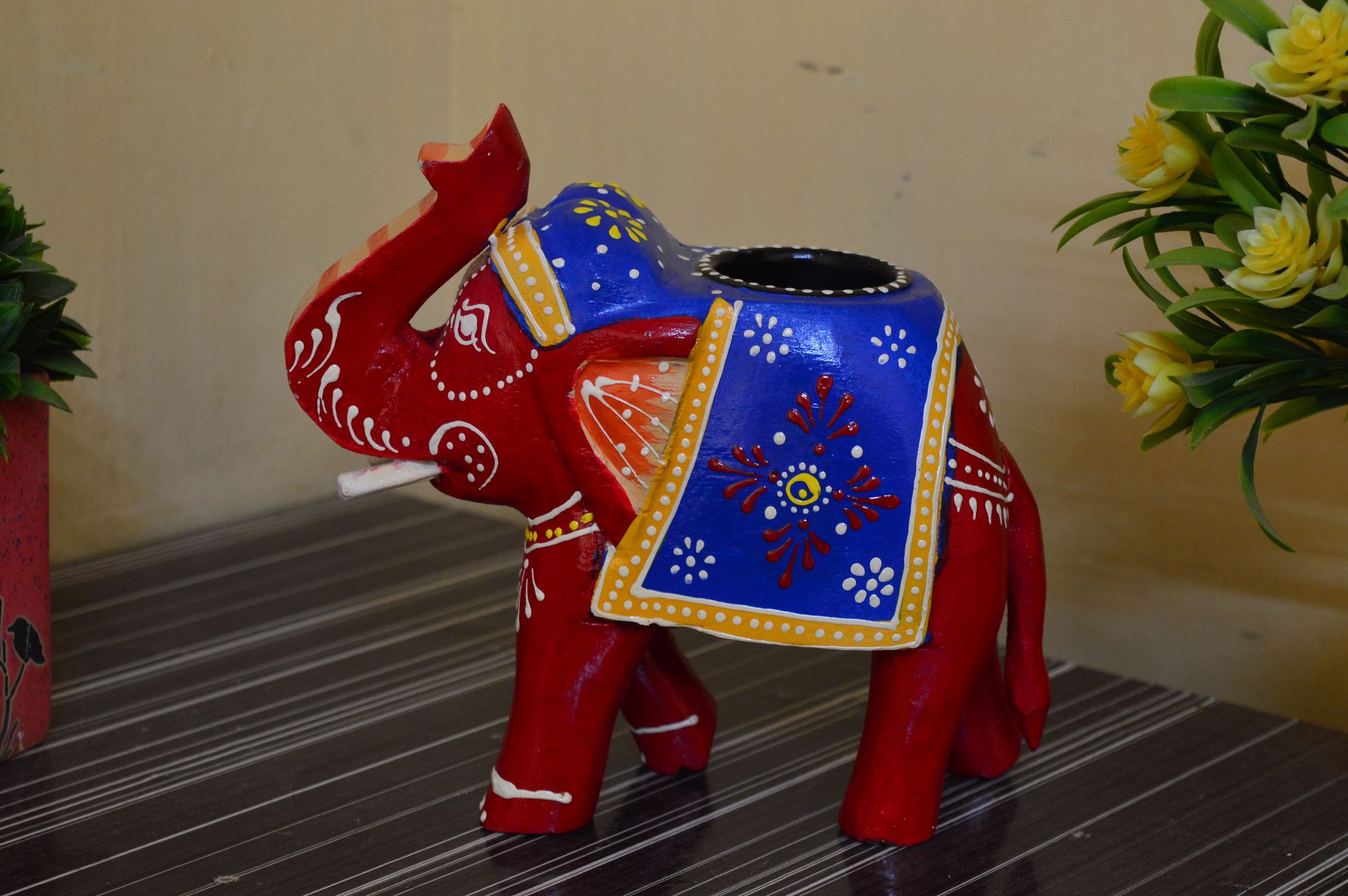 Home Decor Handcrafted and Colorful Wooden Elephant Tea Light Holder, (6 Inches, Red, Pack of 1) view 2
