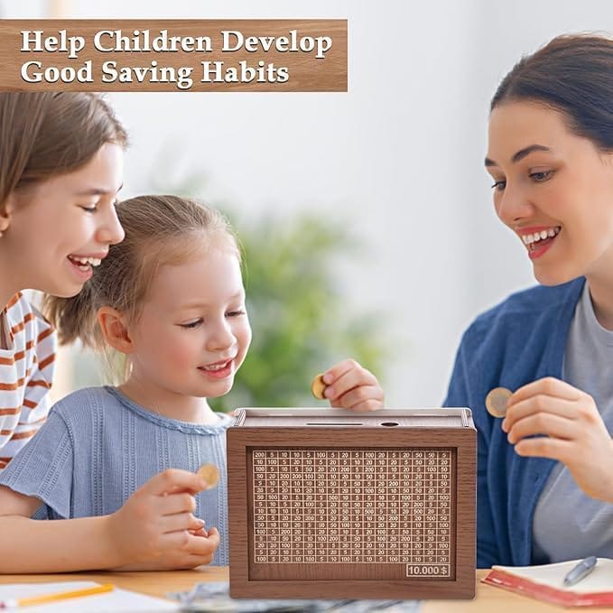 Wooden Money Box with ₹1,00,000 Savings Challenge Goal view 2