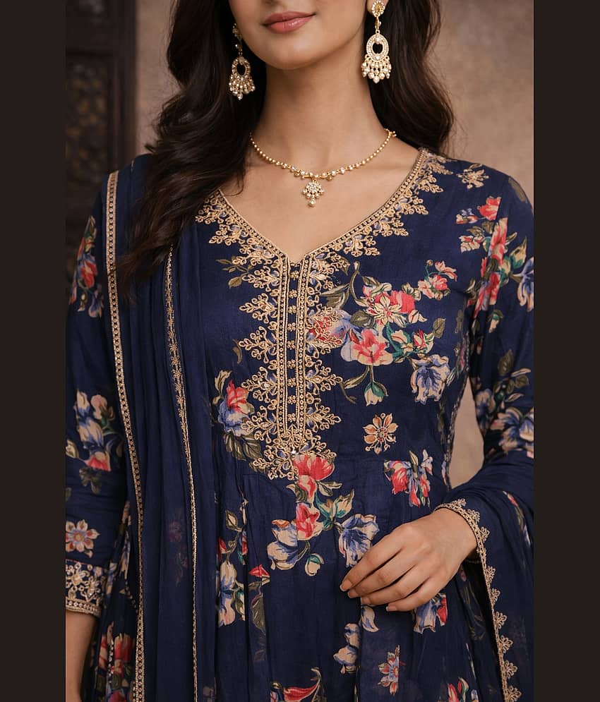 Aarika Women Cotton Blend Embroidered Flared Kurti With Pants ( Navy Blue ) view 2