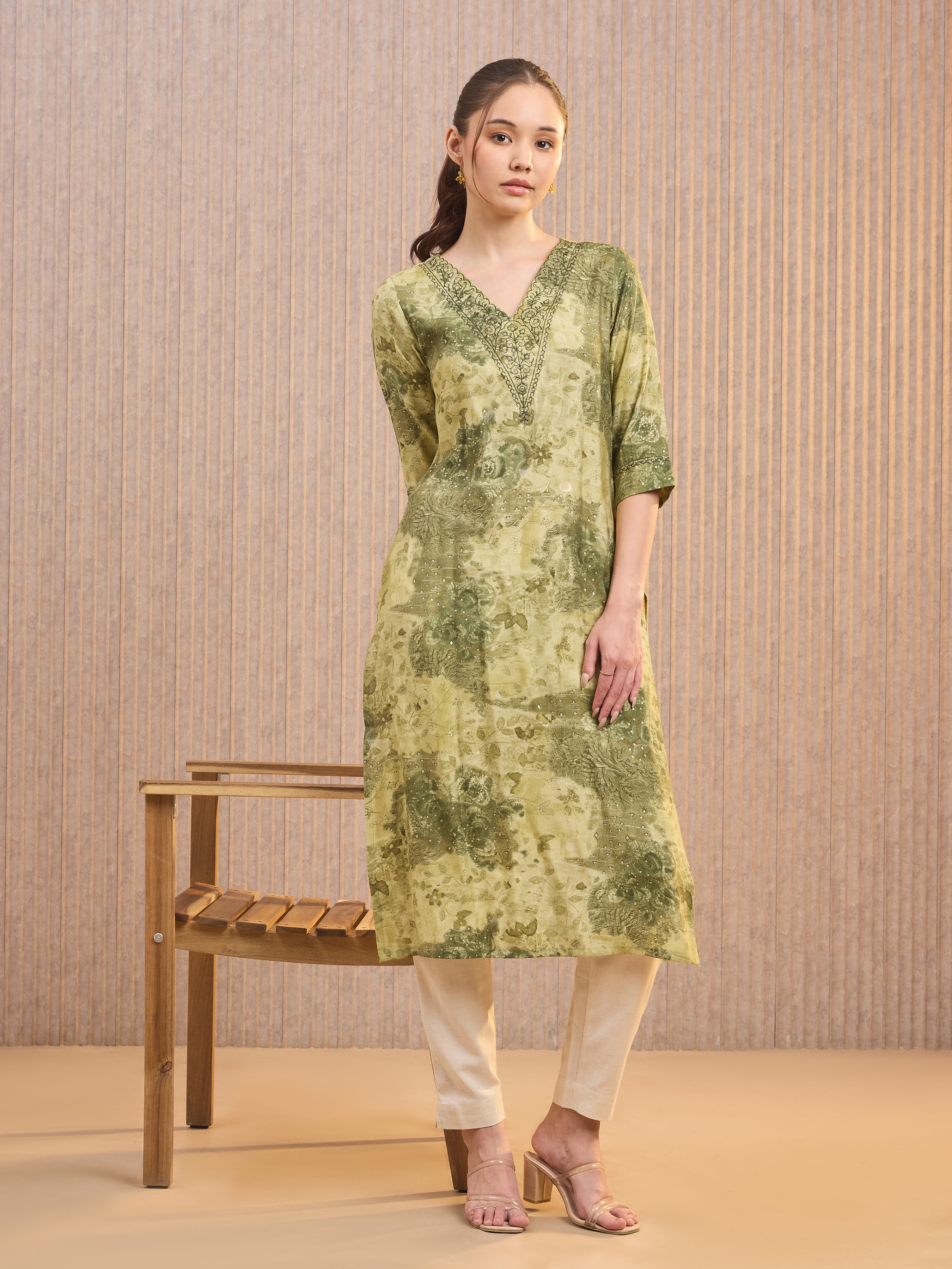 Green Modal Chanderi Foil Printed Kurti With Sequins Work view 2