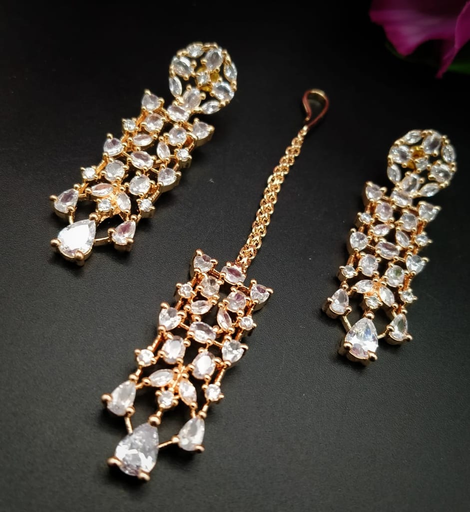 Party wear rose gold jewellery with earings & mangtika view 2