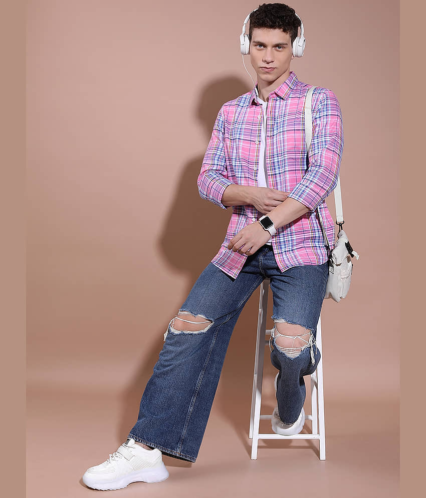 Highlander Cotton Blend Slim Fit Checks Full Sleeves Men's Casual Shirt - Pink ( Pack of 1 ) view 2