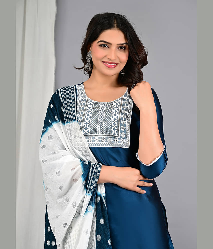 EXPORTHOUSE Silk Blend Embroidered Kurti With Pants Women's Stitched Salwar Suit - Blue ( Pack of 1 ) view 2