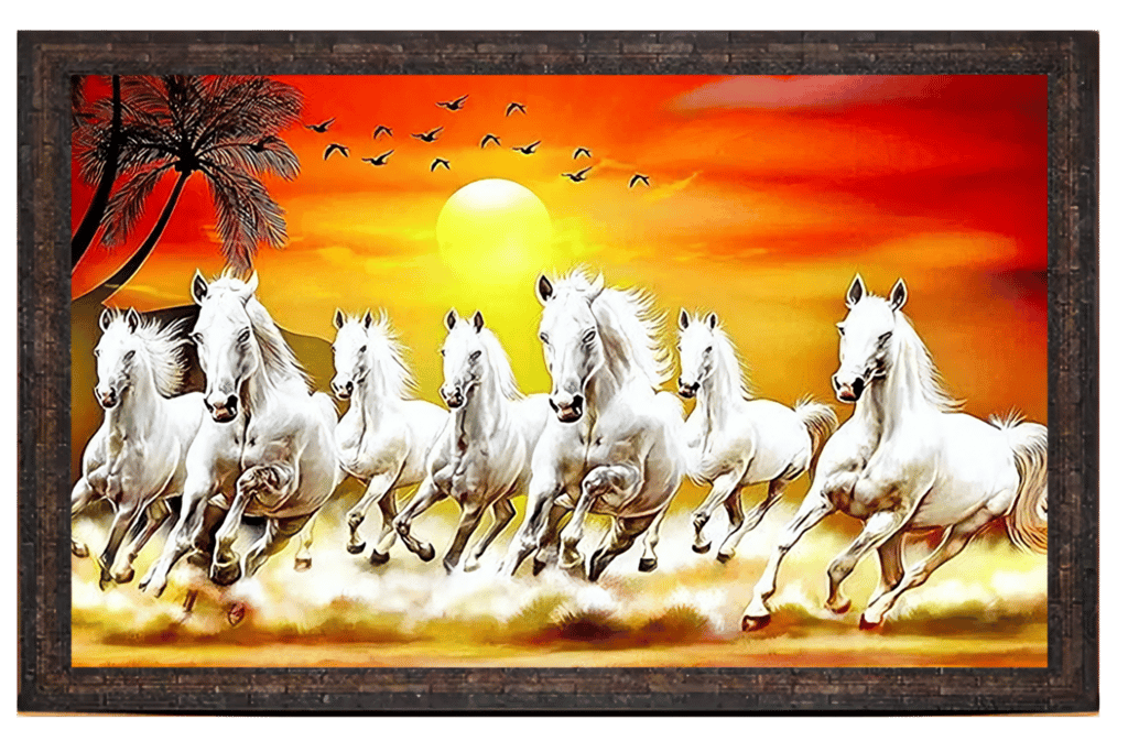 7 Running White Horses Sunset Framed Wall Painting, Vastu Art for Home Decor