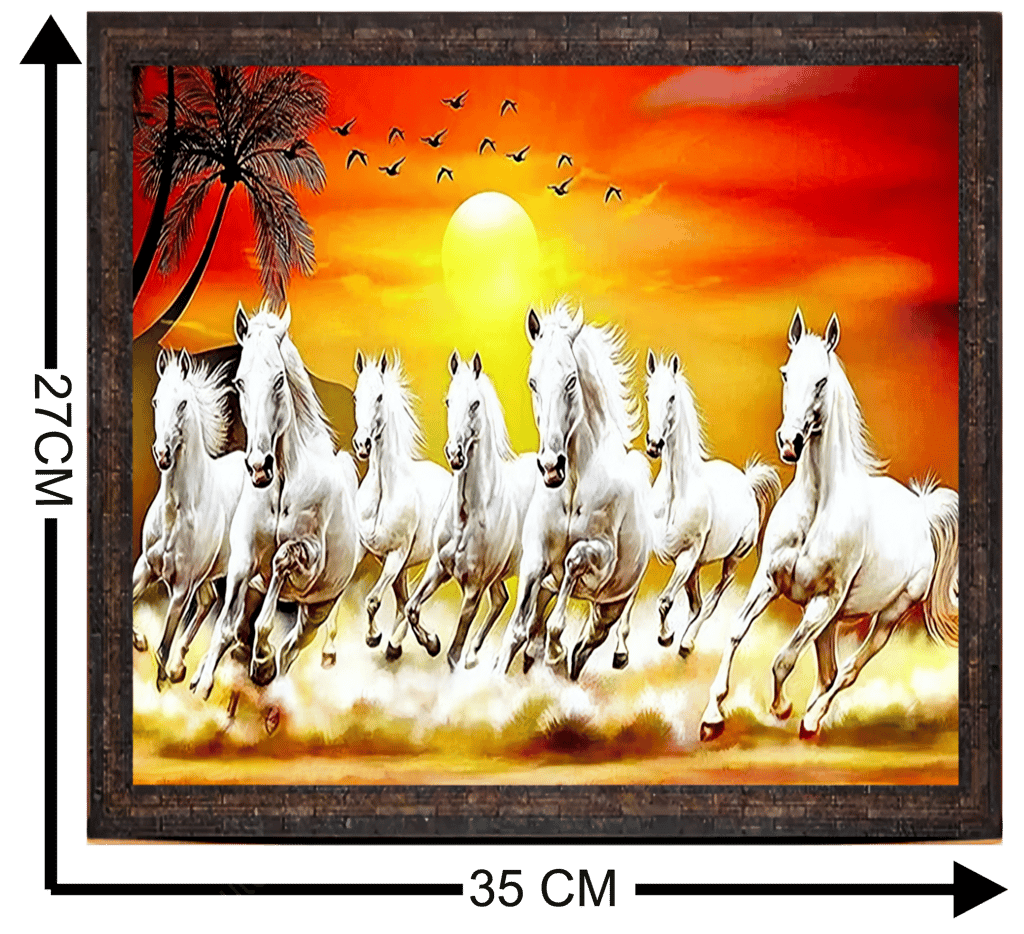 7 Running White Horses Sunset Framed Wall Painting, Vastu Art for Home Decor view 2