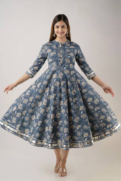 Women Printed Pure Cotton Anarkali Kurta(Blue) view 2