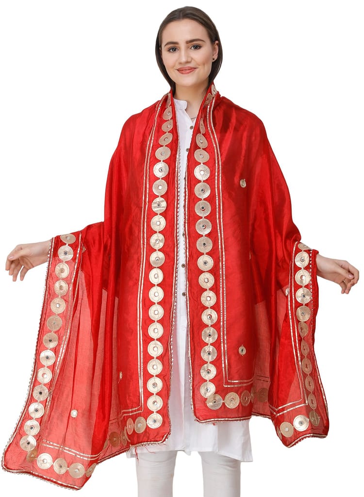 Rococco-Red Dupatta from Amritsar Embellished with Patch Border view 2