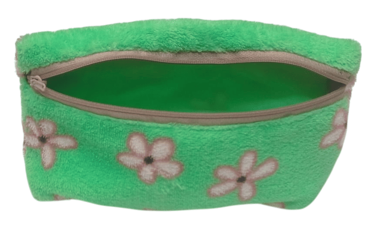 Green plush floral coin purse with white flowers and a grey zipper. view 2
