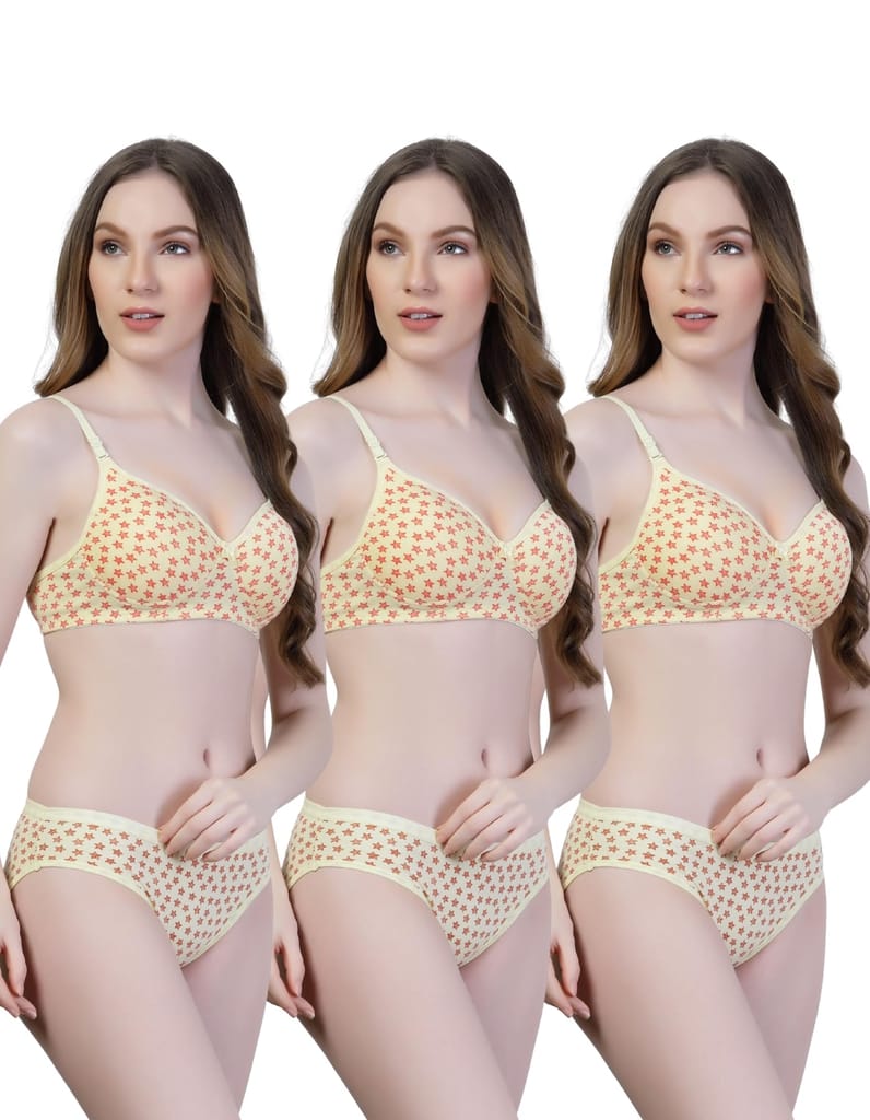 Ladies Bra Panty Set | Pack of 3 Padded Cotton Lingerie with Star Print | Stylish & Comfortable Innerwear for Daily Wear