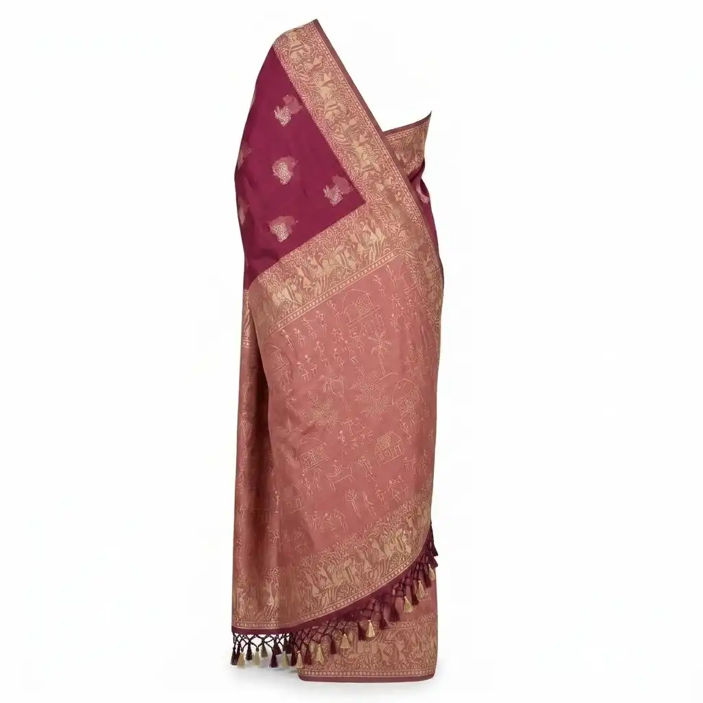 Rich Maroon Odisha Handloom Saree | Ethnic Woven Cotton view 2