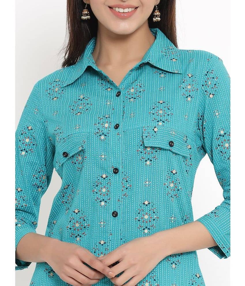 Kbz - Turquoise Rayon Women's Shirt Style Kurti ( Pack of 1 ) view 2