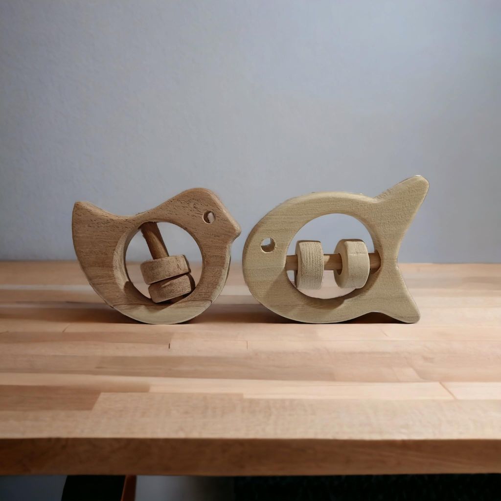Neem Wooden Rattles for Sensory Developement of Kids of Age 0 to 3 Years- Dove & Fish Shapes view 2