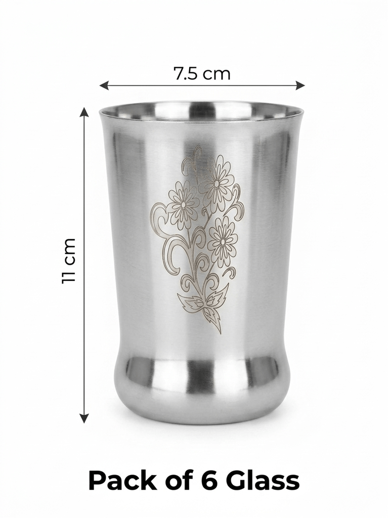 WEKTU Royal Floral Engraved Stainless Steel Water Glass Set of 6 view 2
