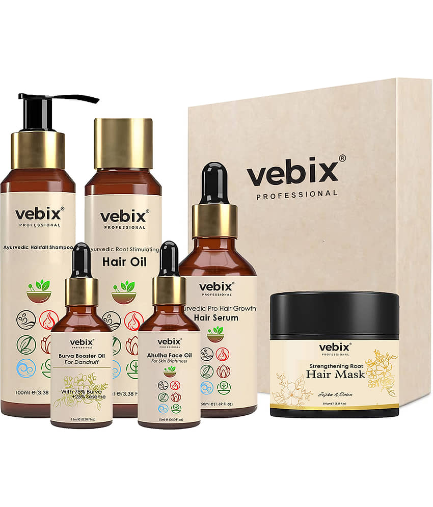 VebixProfessional Customized Regimen -Full Kit- Lotus AntiHairfall Shampoo & Neem Oil + Hair Glow Serum + Onion Hair Mask + Hair Booster Serum & Kumkuma Face Brightening Serum