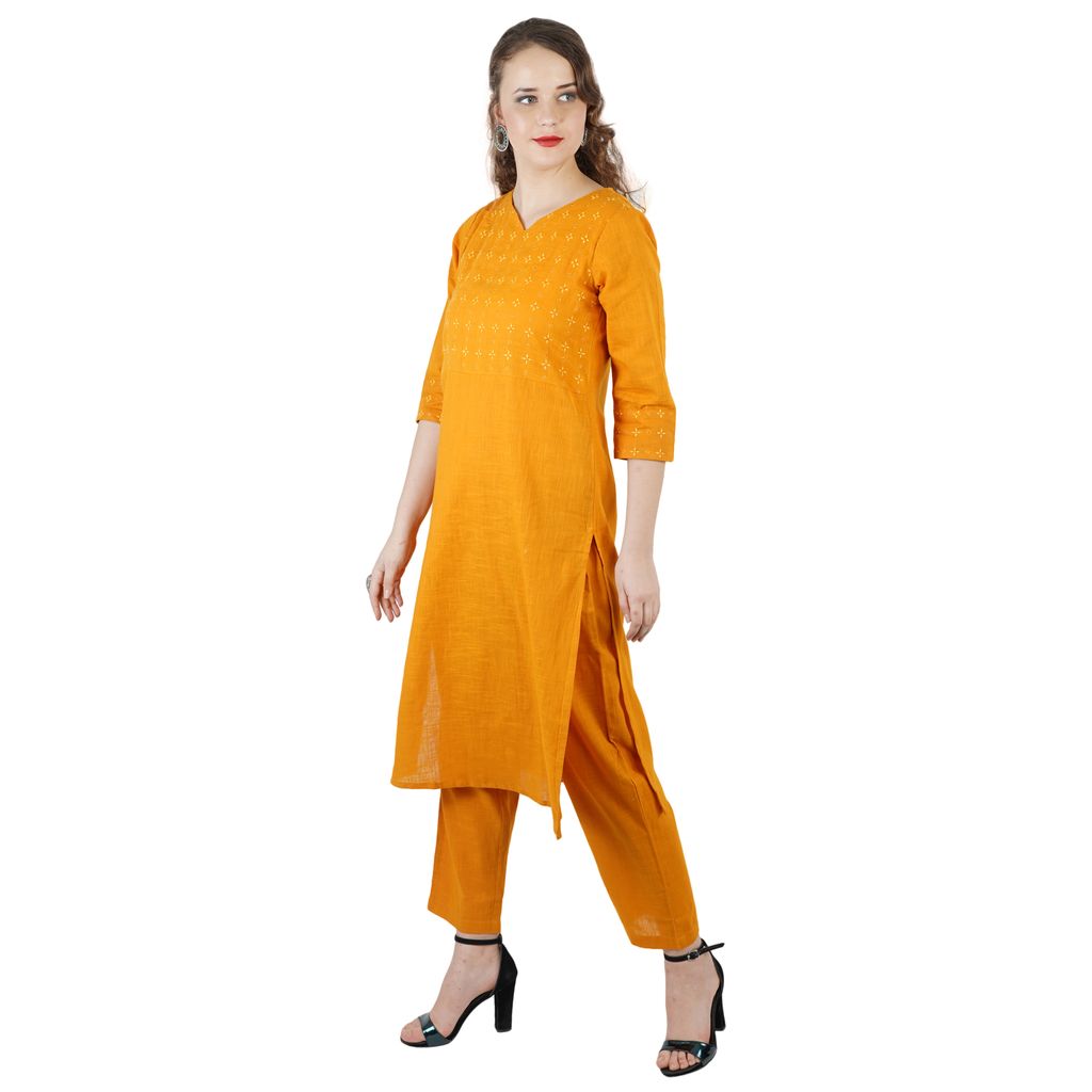 Yellow Hand Embroidered Cotton Kurti Pant Set view 2