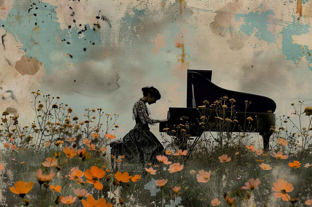 PIANO IN THE FIELD 24in X 16in WITH BLACK FRAME view 2