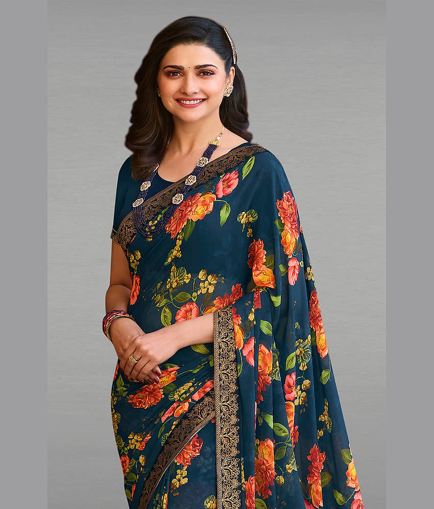 BLEESBURY Georgette Printed Saree With Unstitched Blouse Piece ( Navy Blue ) view 2