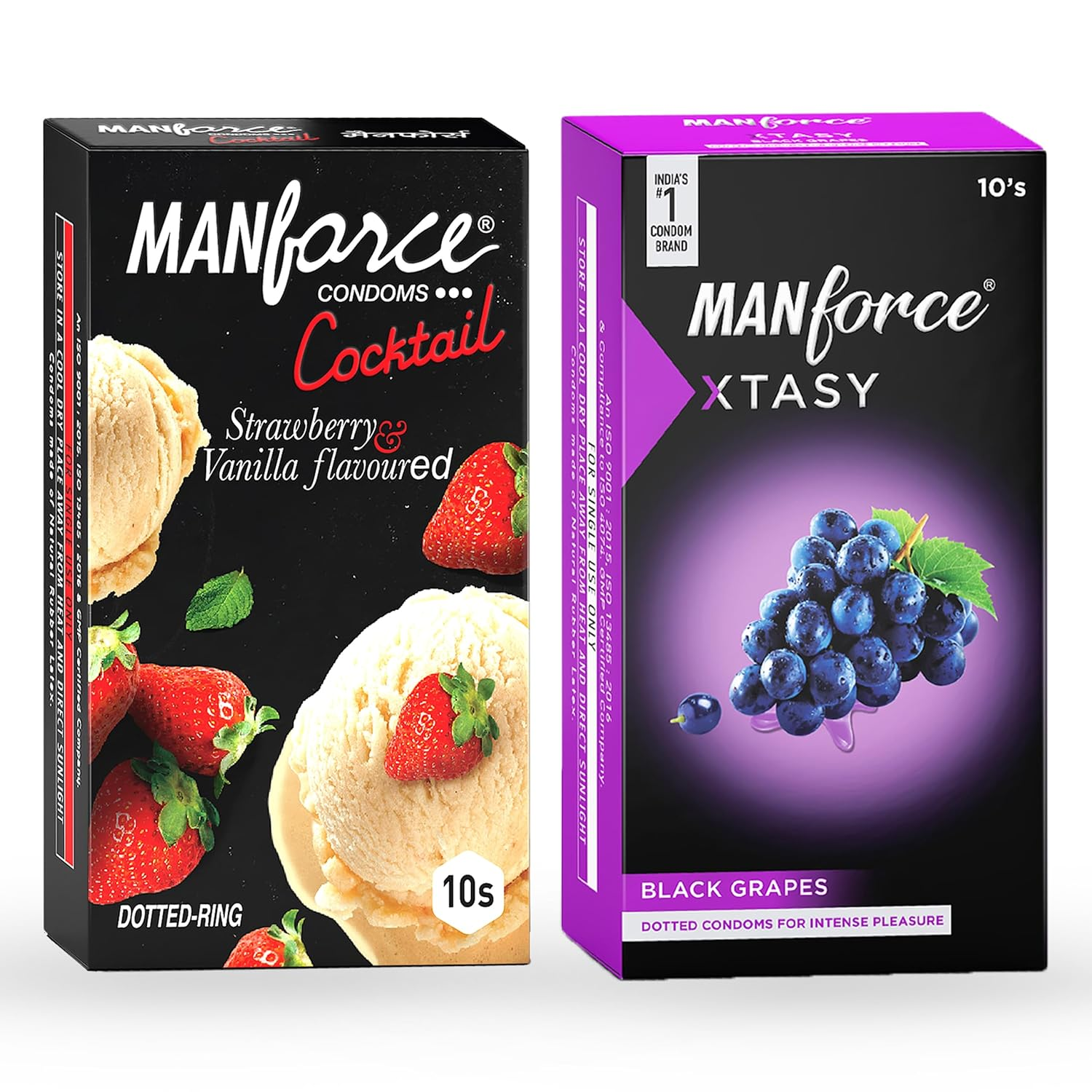 MANFORCE Cocktail Condoms with Dotted-Rings Strawberry & Vanilla Flavoured- 10 Pieces & 3 in 1 (Ribbed Contour Dotted) Wild Black Grapes Flavoured Condoms- 10 Pieces Condom (Set of 2 20 Sheets) view 2